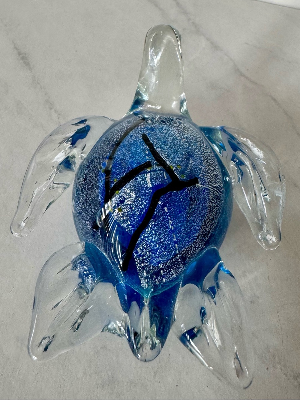 Handblown Glass Turtle Sculpture in Deep Blue and Clear